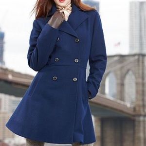 Anne Klein Royal Navy Blue Double Breasted A-Line Wool Blend Winter Coat